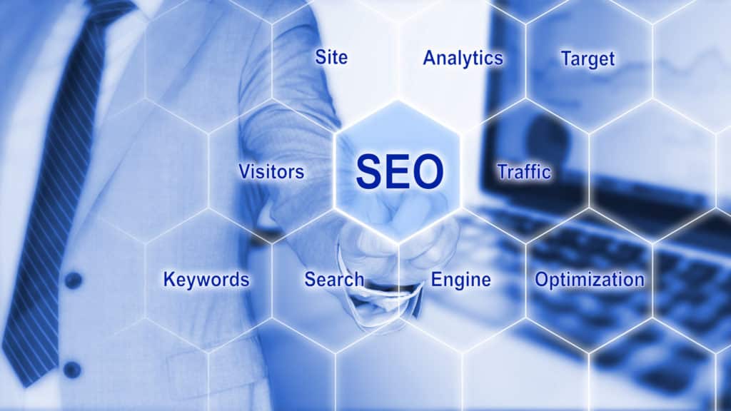 IT expert touching the word SEO on a hexagon grid with a business background and search engine optimization keywords 3D illustration